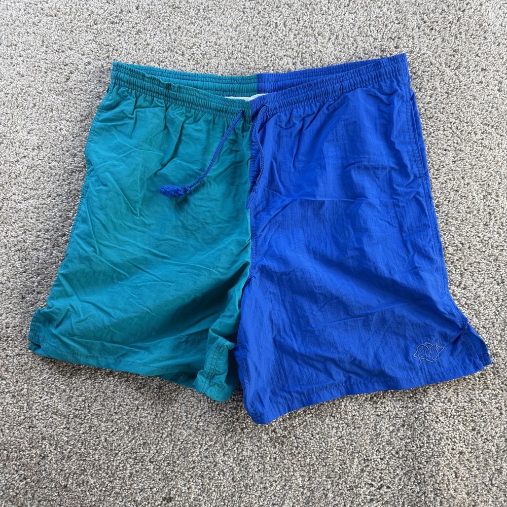 Vintage Express Surf Swim Shorts Mens XL Blue Teal Colorblock Mesh Lined Trunks